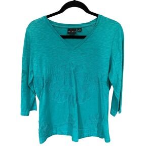 !! SOLD !! Tribal Teal Green Embroidered Slub Cotton 3/4 Sleeve V-Neck Top‎ M